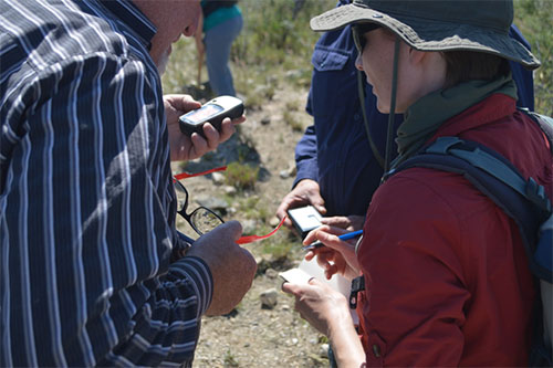 Photo 5. Huddling over the outcrop-scale instruments to ground-truth airborne data measurements.