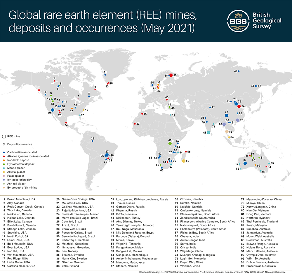 Global rare earth element (REE) mines, deposits and occurrences (May 2021) map