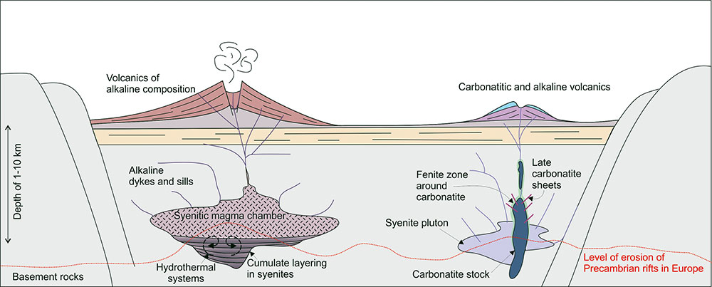 Schematic cross-section through hypothetical alkaline igneous-carbonatite systems
